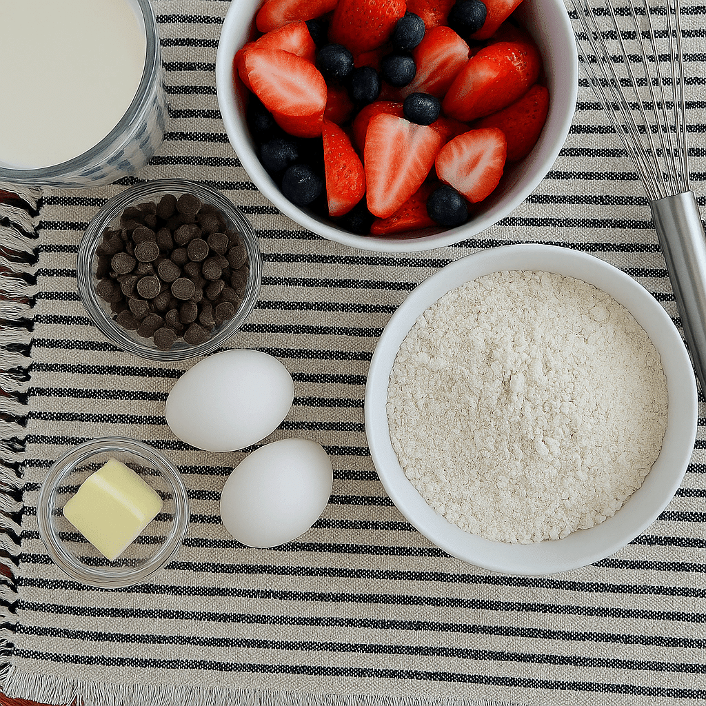 Kodiak Cakes Pancake Recipe for Easy Sheet Pan Breakfasts 6 Kodiak Cakes Pancake Recipe ingredients including eggs, berries, chocolate chips, milk, and whisk on striped cloth