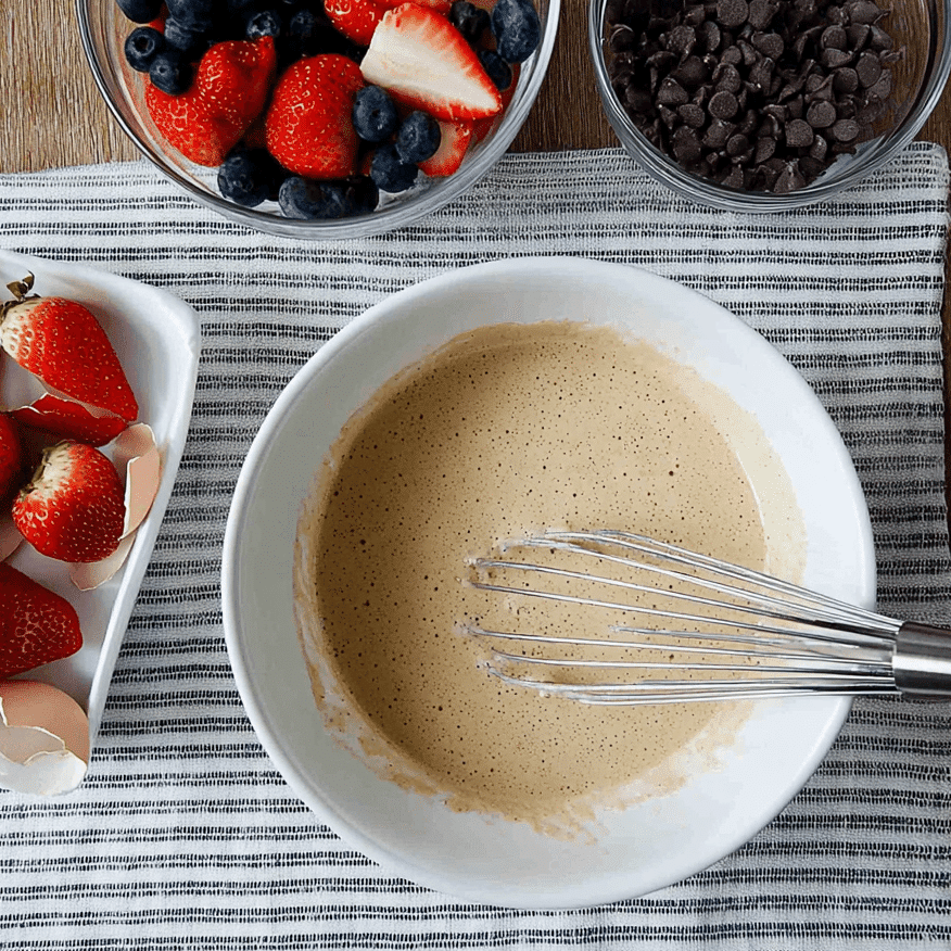 Kodiak Cakes Pancake Recipe for Easy Sheet Pan Breakfasts 7 Kodiak Cakes Pancake Recipe batter being mixed with whisk and surrounded by berries, chocolate chips, and eggs
