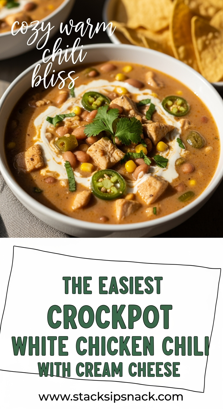 Creamy white chicken chili with cream cheese, beans, corn, cilantro