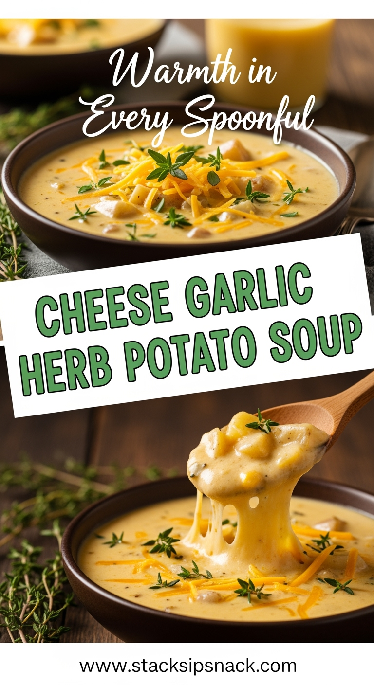 Creamy cheddar garlic herb potato soup garnished with fresh herbs