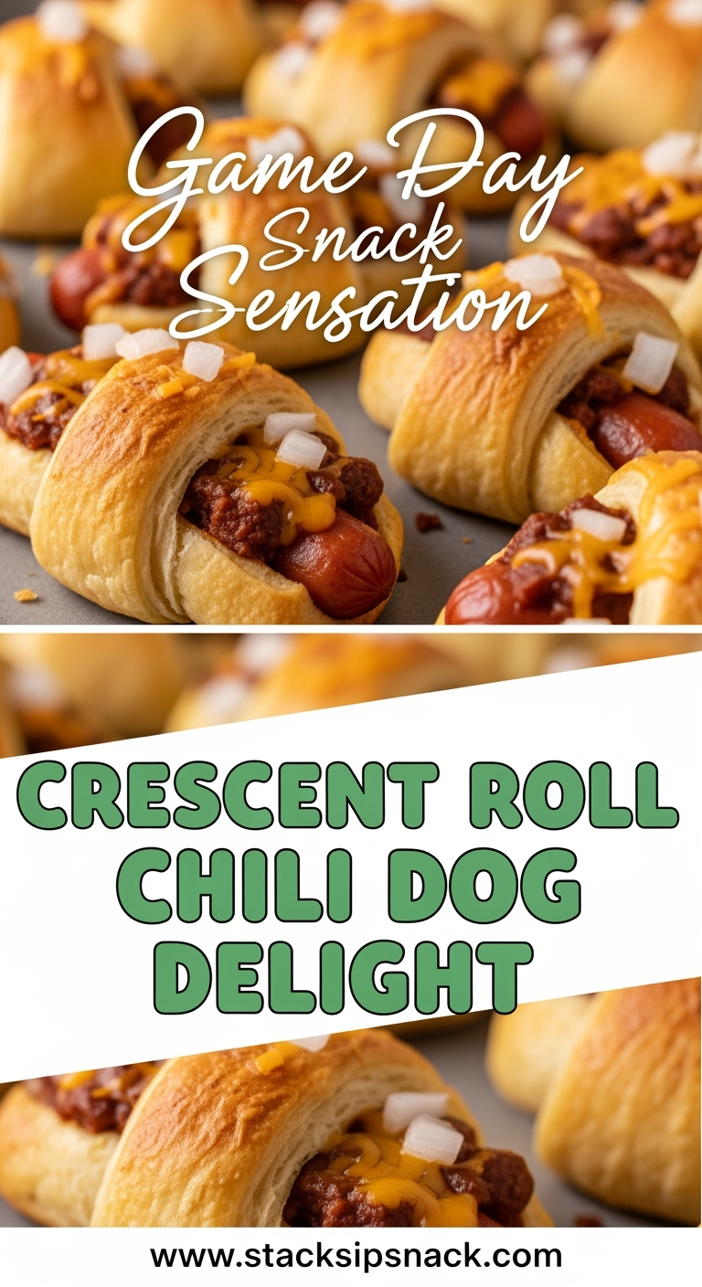 Crescent Roll Chili Dog Delight with flaky rolls, chili, cheddar cheese toppings