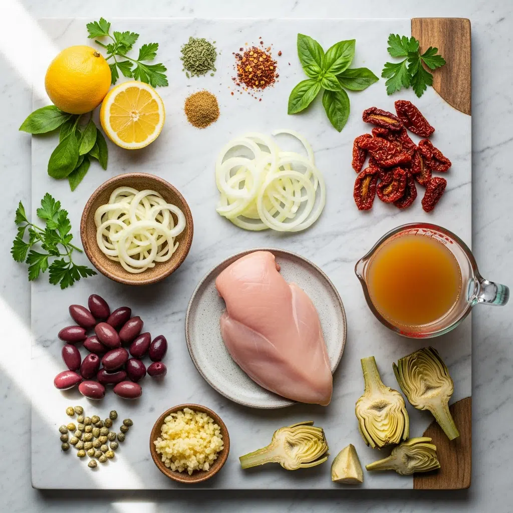 Slow Cooker Mediterranean Chicken 7 Raw ingredients for a vibrant Slow Cooker Mediterranean Chicken