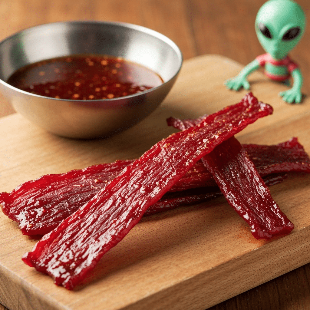 alien fresh jerky 11 Homemade alien fresh jerky recipe on rustic cutting board.