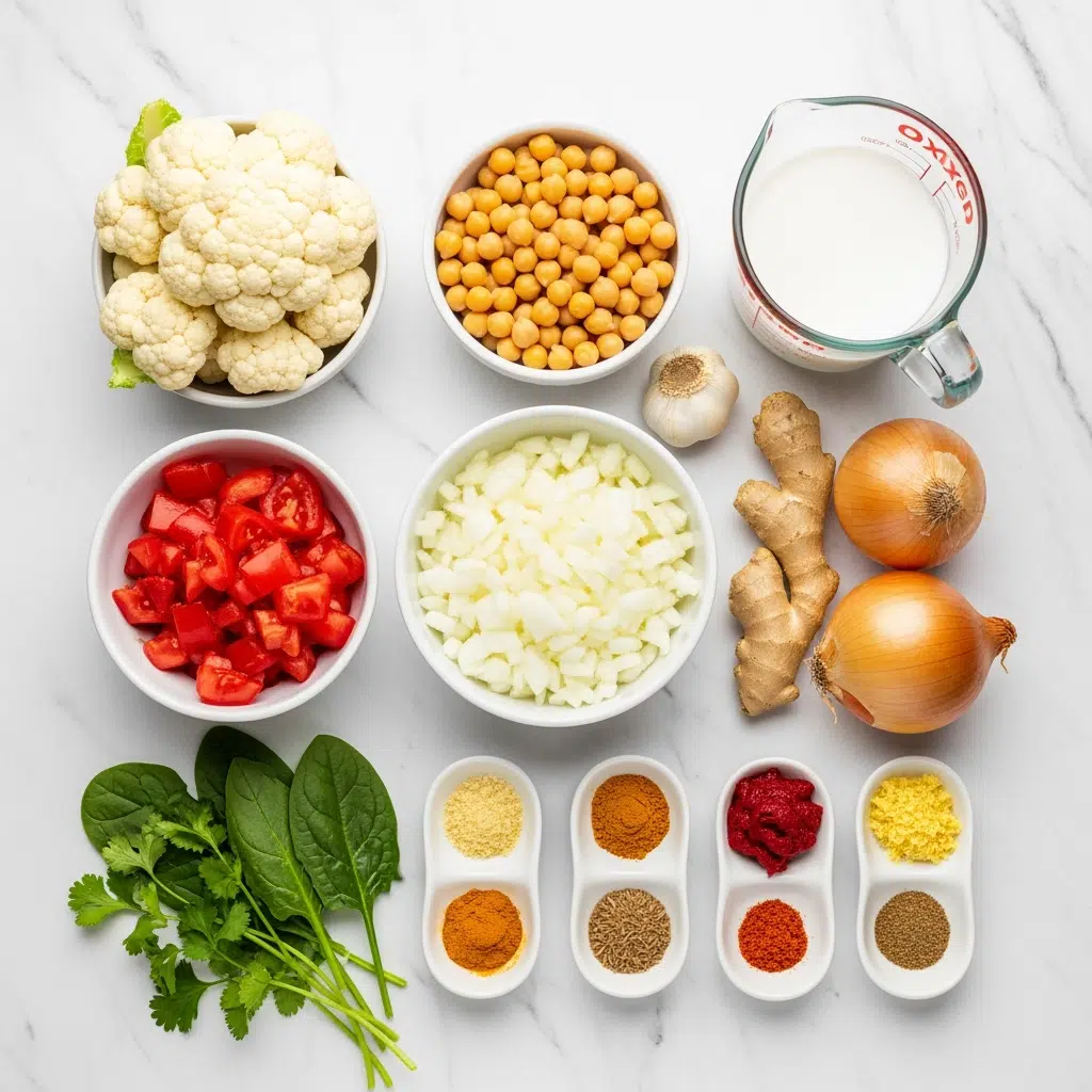 Slow Cooker Cauliflower Curry 7 Slow cooker cauliflower curry ingredients arranged for cooking Slow Cooker Cauliflower Curry