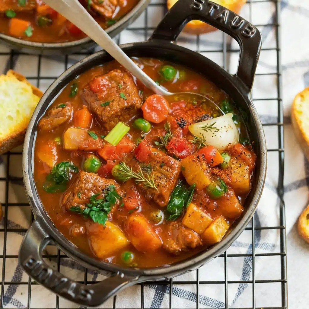 Crockpot Meals for Diabetics (Slow Cooker) 50 Hearty bowl of beef and vegetable soup with visible chunks of tender beef and vibrant greens.