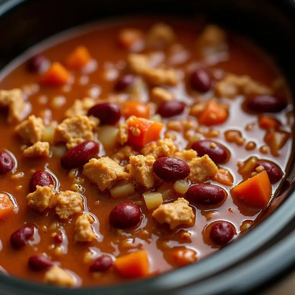Crockpot Meals for Diabetics (Slow Cooker) 32 Thick and flavorful turkey chili with red kidney beans, bell peppers, and rich tomato base, close-up and steaming.