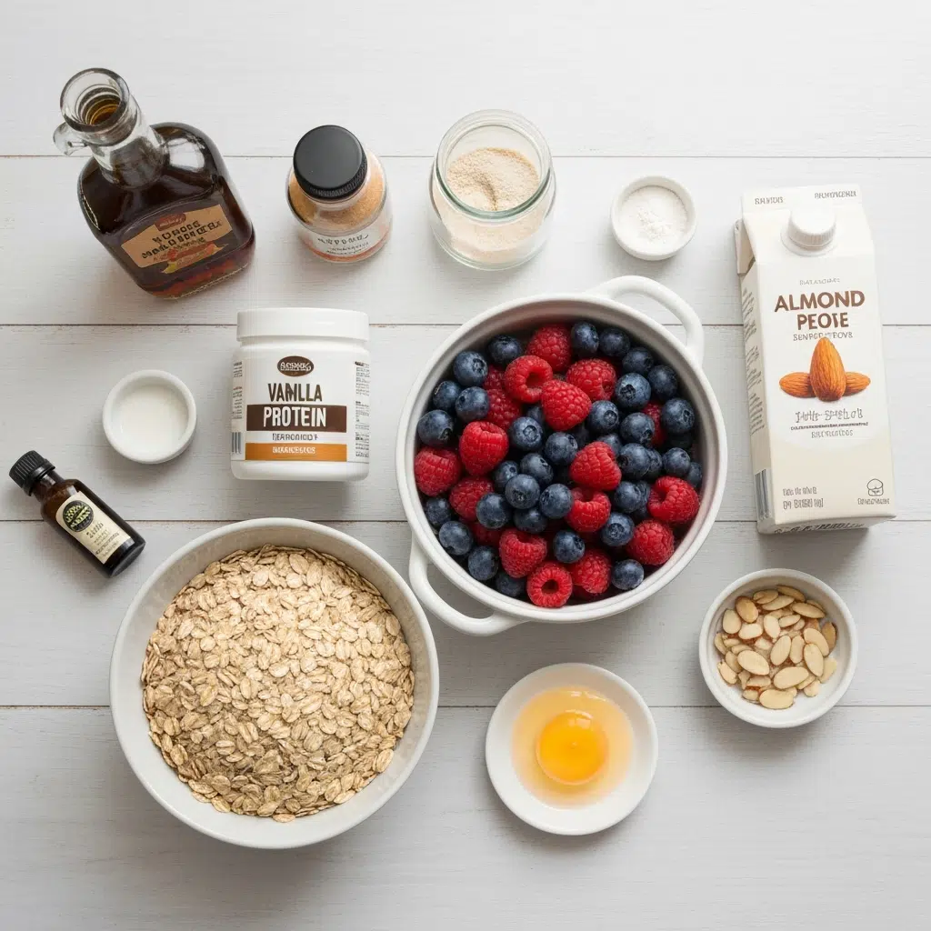 High Protein Berry Bake – The Best Healthy Breakfast 5 high protein berry bake ingredients flatlay 2025 10 04T215937.680Z 1