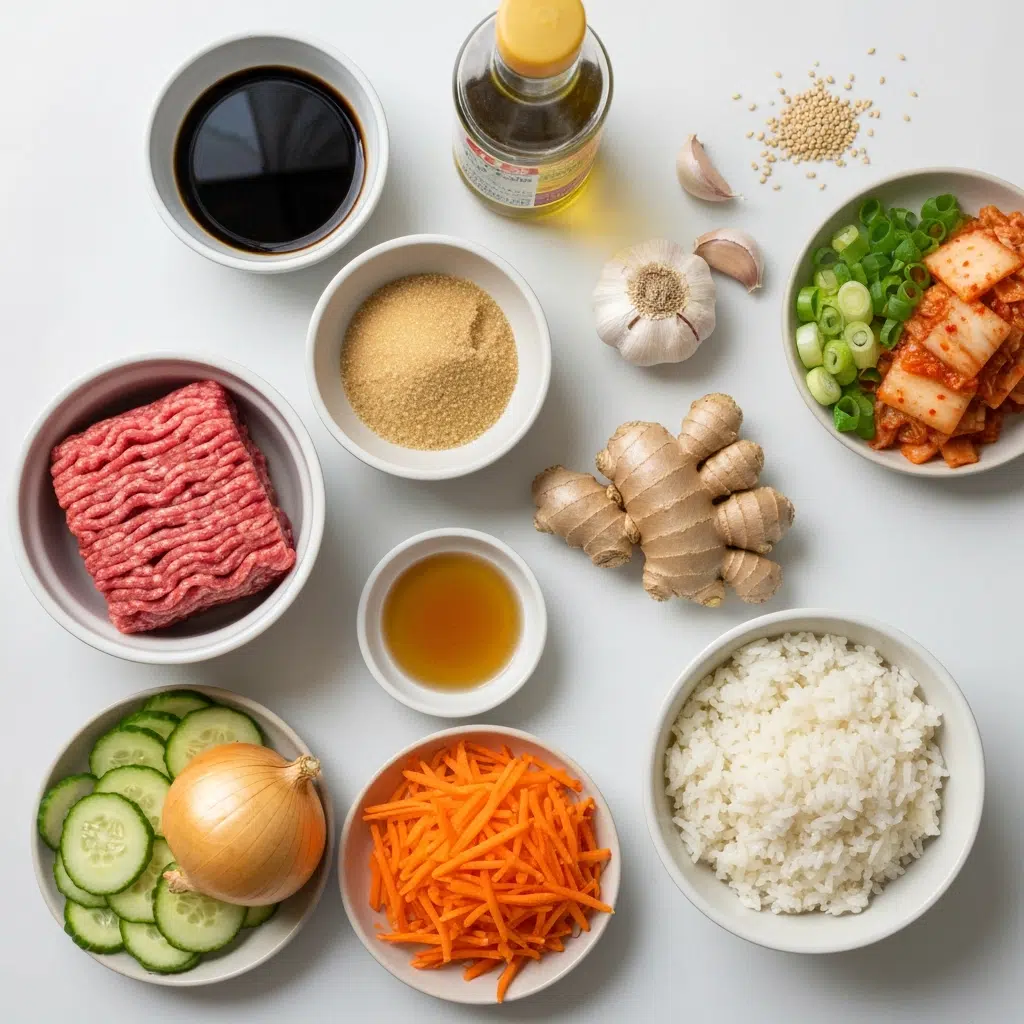 Korean Beef Bowl (High Protein Summer Dinner) 5 korean beef bowl ingredients overhead flatlay 2025 10 07T054857.059Z 1