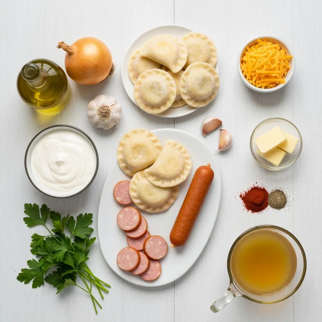 Savory Pierogi Casserole with Kielbasa 5 pierogi casserole ingredients overhead flatlay 2025 10 04T184254.345Z 1