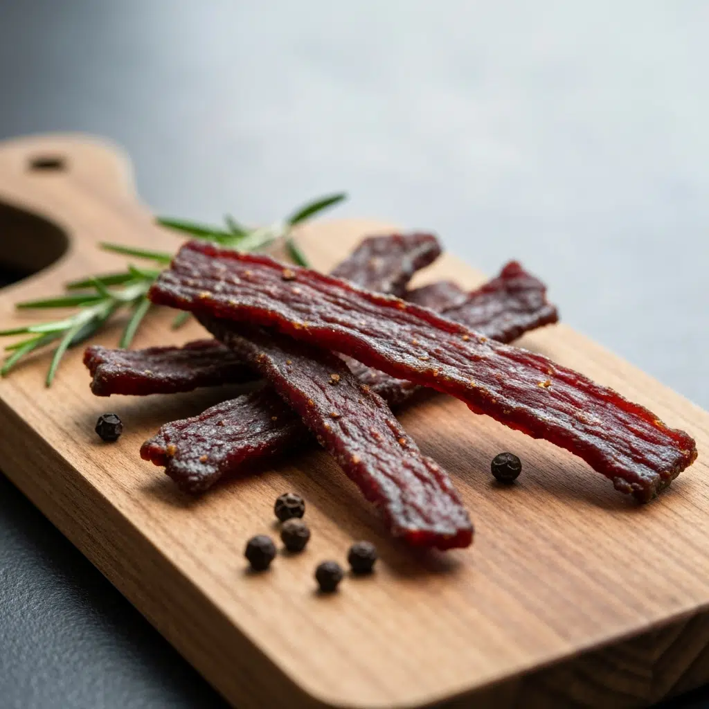 beef jerky brands 10 Premium beef jerky strips with savory glaze and rosemary.