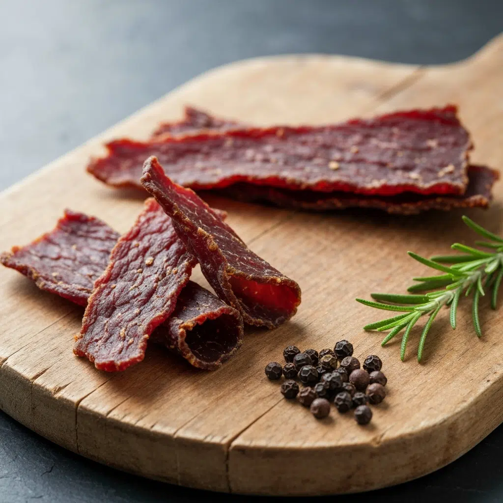 No Mans Land Beef Jerky 4 Rustic No Mans Land beef jerky strips on wood.