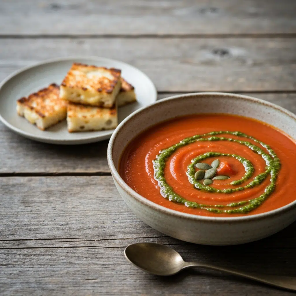 Easy Creamy Tomato Soup Recipe 4 rustic tomato soup pesto pumpkin seeds 2025 10 03T121806.894Z 1