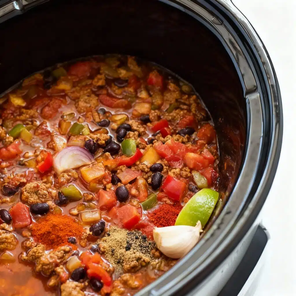 Crockpot Meals for Diabetics (Slow Cooker) 51 Rich and hearty black bean chili with colorful bell peppers and a spicy tomato base, steaming in a bowl.