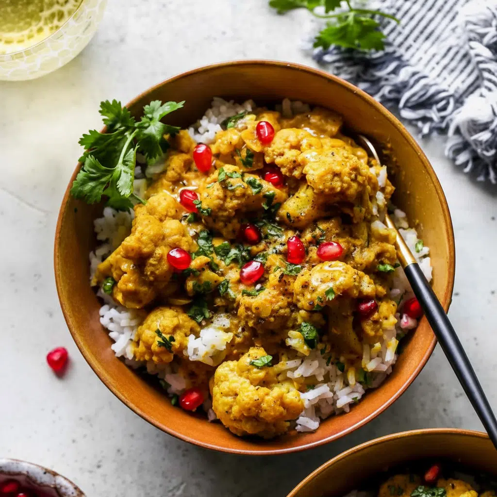 Crockpot Meals for Diabetics (Slow Cooker) 40 Creamy golden cauliflower curry with visible spices and herbs, garnished with cilantro, served hot in a bowl.
