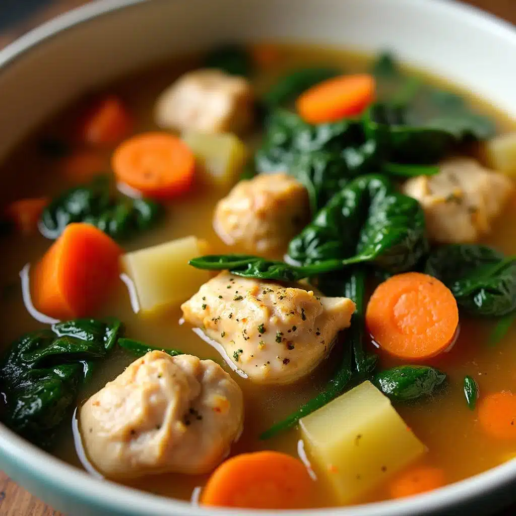 Crockpot Meals for Diabetics (Slow Cooker) 31 Juicy chicken and tender vegetables in a golden broth with herbs, shown close up in a rustic bowl.