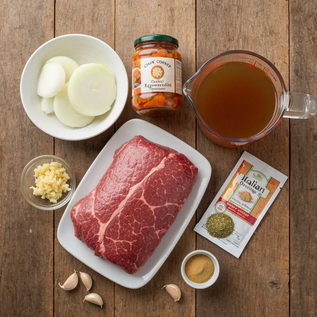 Slow Cooker Beef & Cheddar Sandwiches 5 slow cooker italian beef ingredients overhead 2025 10 05T115751.961Z 1