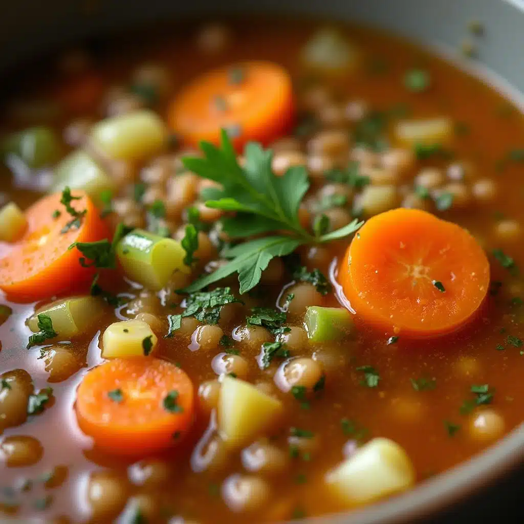 Crockpot Meals for Diabetics (Slow Cooker) 33 Rich lentil soup with diced vegetables, fresh herbs, and golden broth, captured in a homestyle bowl.