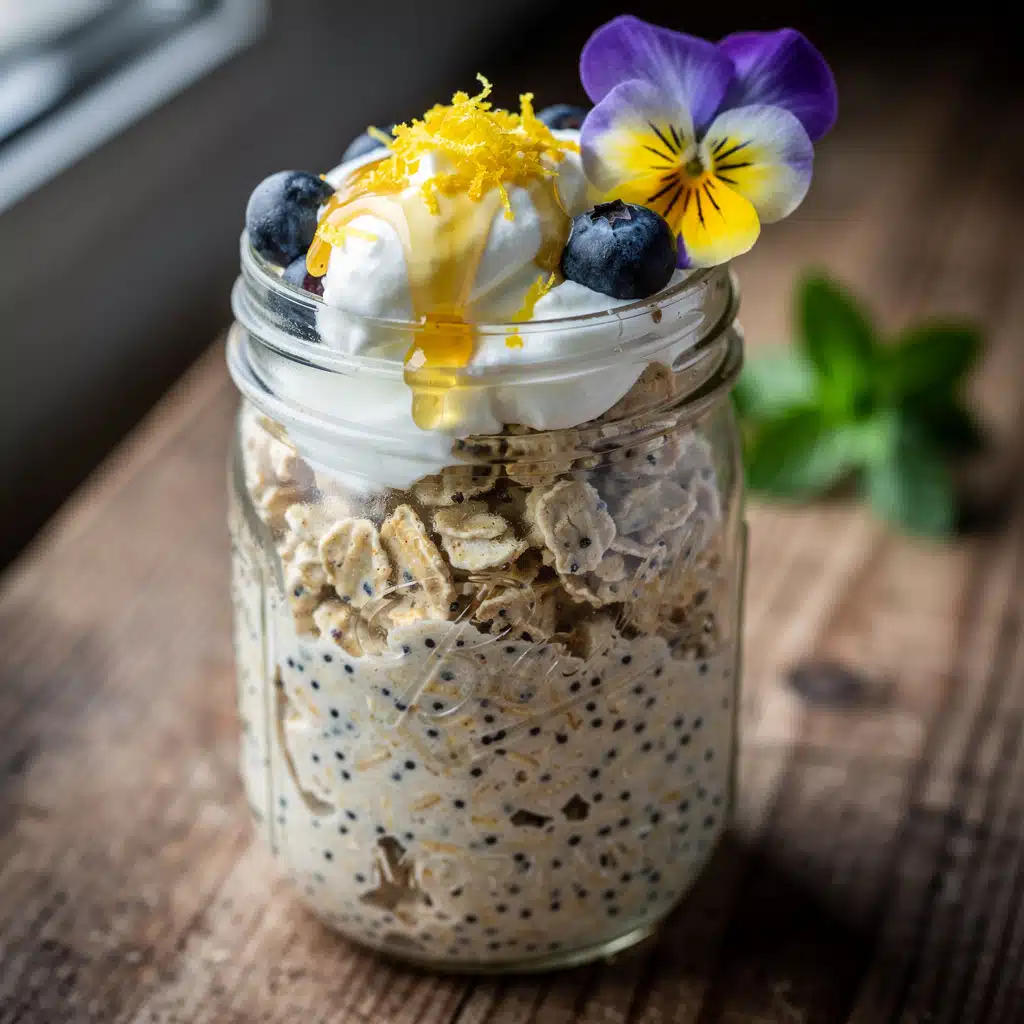Greek Yogurt Lemon Poppy Seed Oats 12 Creamy Greek yogurt lemon poppy seed oats in a clear glass jar.