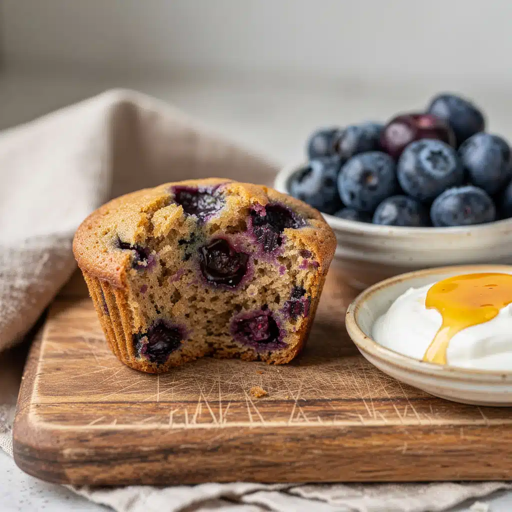 Healthy Greek Yogurt Blueberry Protein Muffins 10 Moist blueberry protein muffins with Greek yogurt on a rustic wooden board.