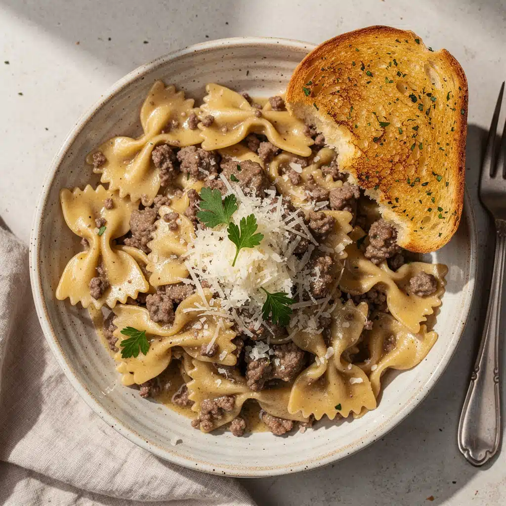 Creamy Parmesan Garlic Beef Bowtie Pasta 6 Ingredients for Creamy Parmesan Garlic Beef Bowtie Pasta