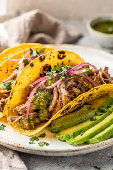 Crockpot Salsa Verde Pork 10 Shredded salsa verde pork in a warm tortilla with fresh toppings.