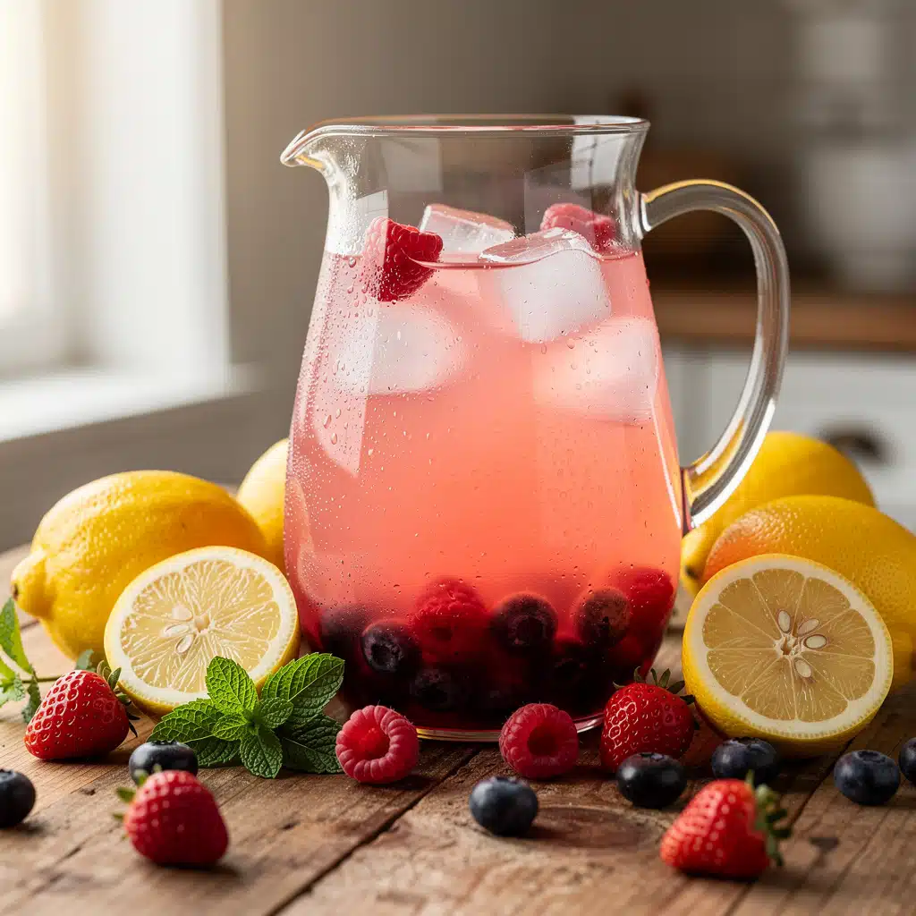 Cupid's Lemonade Mocktail Recipe 9 Vibrant pink Valentine's lemonade mocktail with fresh berries and mint.