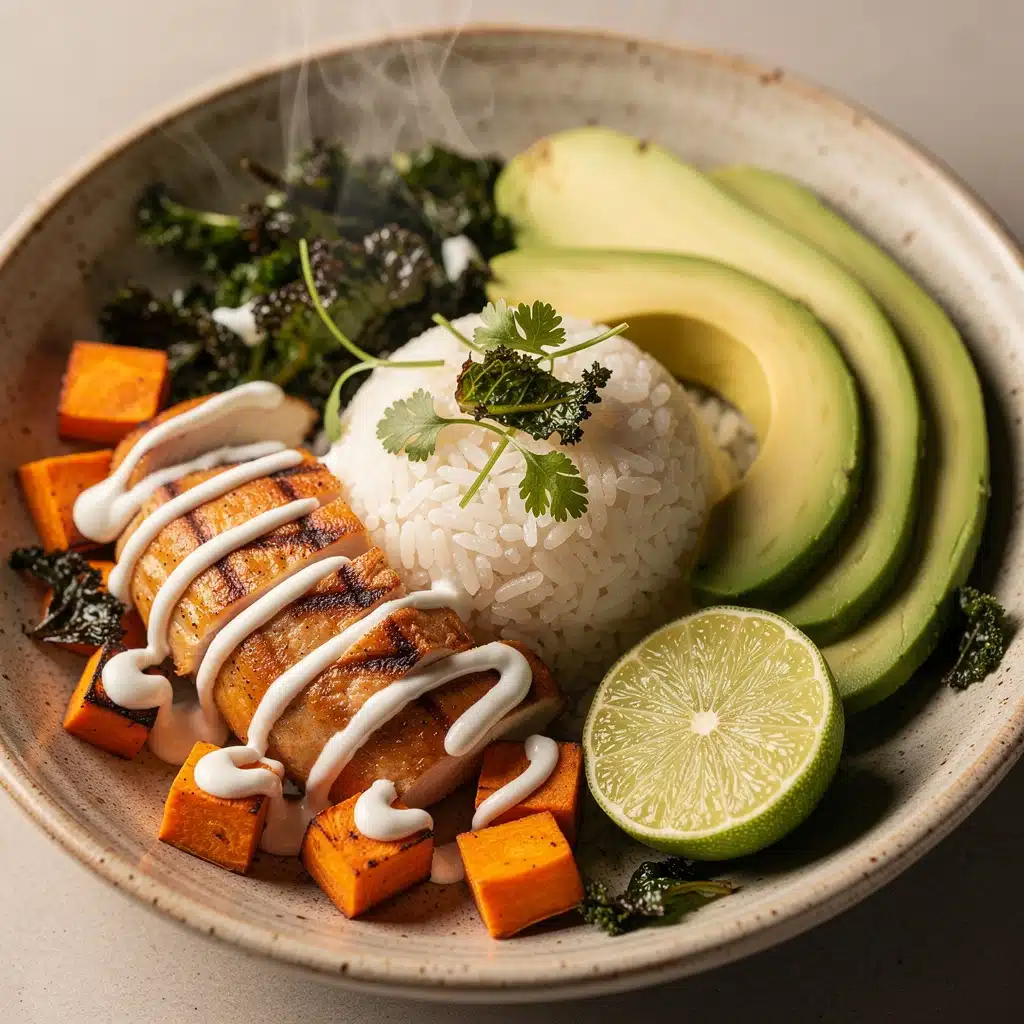 Healthy Chicken & Sweet Potato Rice Bowl 14 Healthy chicken and sweet potato rice bowl with avocado and cilantro garnish.
