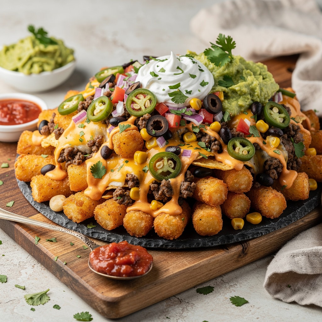 Crispy loaded tater tot nachos with seasoned beef and melted cheese.