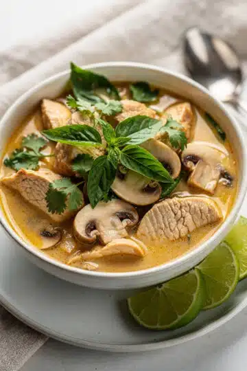 Spicy Thai Coconut Chicken Soup 12 Spicy Thai coconut chicken soup with mushrooms, chili, and cilantro garnish.