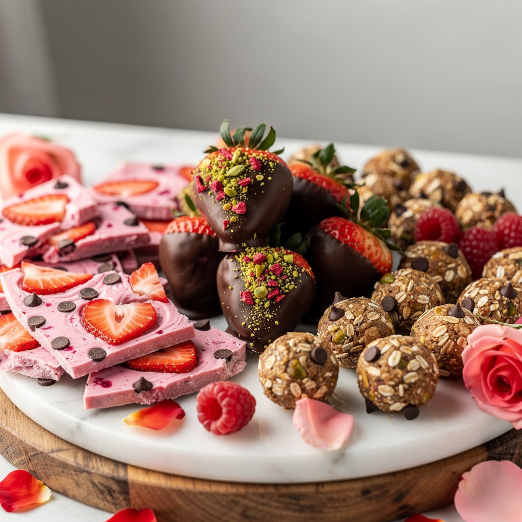 Quick Healthy Valentine Treats When You Want Something Sweet 24 Valentine's Day treat platter with chocolate strawberries and pink yogurt bark.