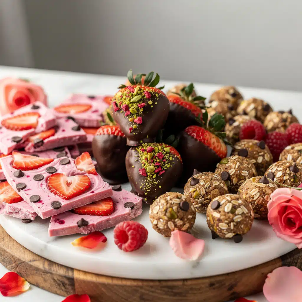 Quick Healthy Valentine Treats When You Want Something Sweet 11 Valentine's Day treat platter with chocolate strawberries and pink yogurt bark.