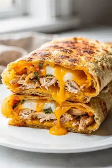 Cheesy Garlic Chicken Wraps 12 Cheesy garlic chicken wraps with crispy tortillas and melted cheese filling