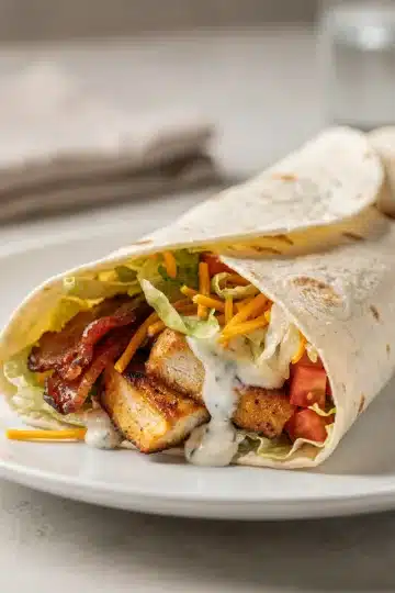 Chicken Bacon Ranch Wrap 13 Sliced chicken bacon ranch wrap on rustic board with creamy homemade sauce