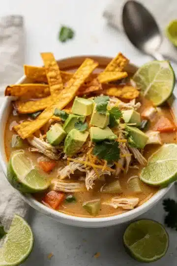 Chicken tortilla Soup 14 Hearty chicken tortilla soup with avocado and crispy tortilla strips in a bowl.