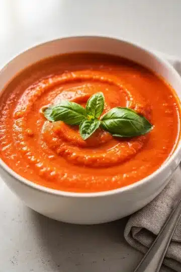 Creamy Tomato Basil Soup 14 Creamy tomato basil soup recipe with fresh herbs and a wooden spoon.
