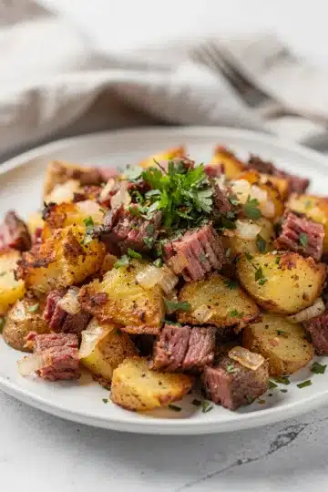 Crispy Corned Beef Hash 11 Crispy corned beef hash with golden potatoes and caramelized onions in skillet.