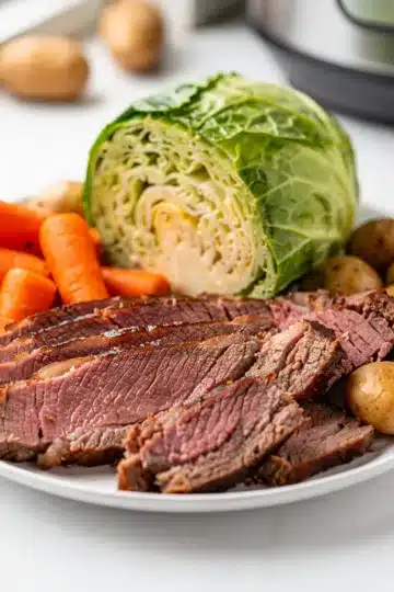 Instant Pot Corned Beef Cabbage 14 Instant Pot corned beef and cabbage family meal on a white platter