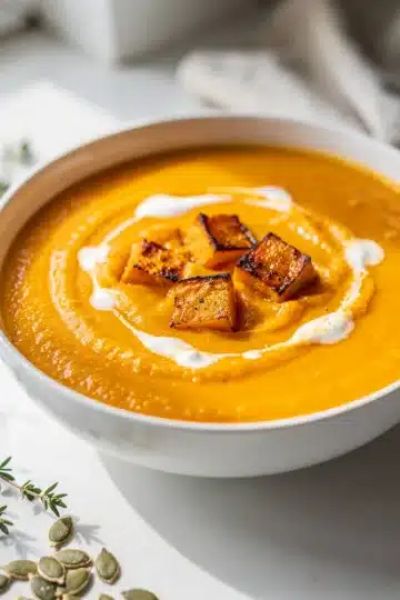 Roasted Butternut Squash Soup 11 Creamy roasted butternut squash soup garnished with cream and pumpkin seeds.
