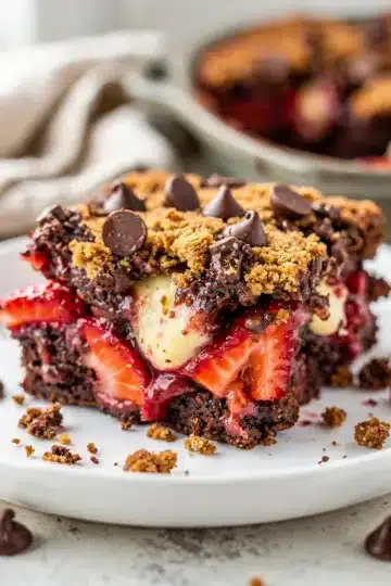 Strawberry Chocolate Dump Cake 14 Strawberry chocolate dump cake slice with ice cream on white plate