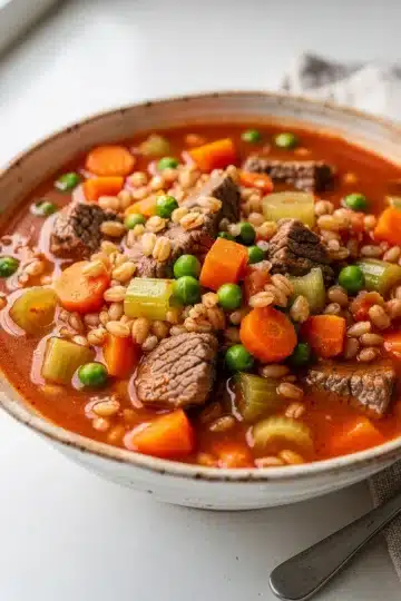 Beef and Barley Soup 11 Hearty beef and barley soup with carrots and peas in a rustic ceramic bowl.