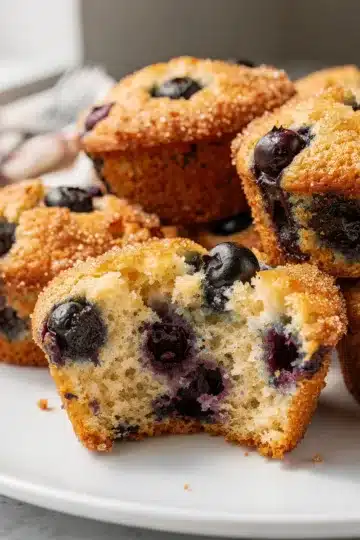 Blueberry Muffins 9 Moist blueberry muffins with golden tops and sparkling sugar on rustic wood.