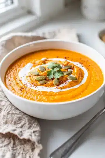 Carrot Ginger Soup 11 Creamy carrot ginger soup garnished with cilantro and pumpkin seeds in bowl