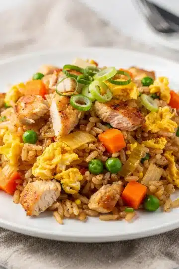 Chicken Fried Rice 11 Close up of homemade chicken fried rice with vibrant vegetables and glossy sauce