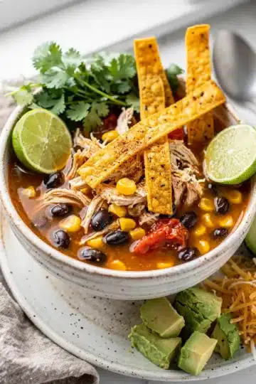 Chicken Tortilla Soup 12 Creamy avocado and crispy tortilla strips top this chicken tortilla soup recipe.