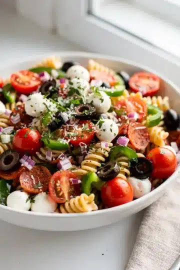 Classic Italian Pasta Salad 13 Colorful classic Italian pasta salad with mozzarella olives and tangy vinaigrette dressing