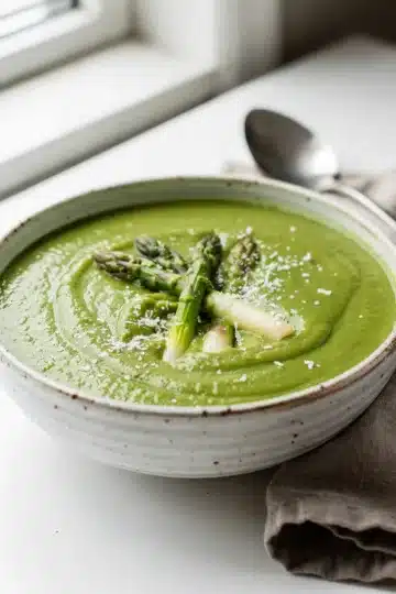 Asparagus Soup 12 Creamy green asparagus soup garnished with tips and Parmesan cheese