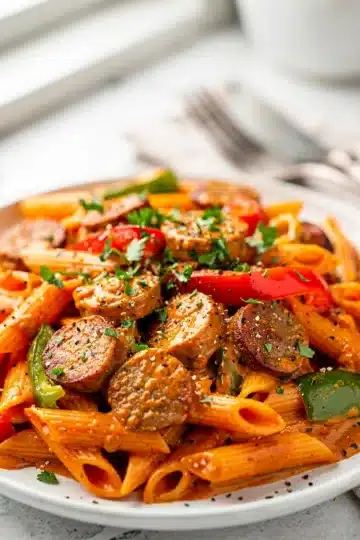Creamy Cajun Sausage Pasta 11 Creamy Cajun sausage pasta with penne and bell peppers in a white bowl.