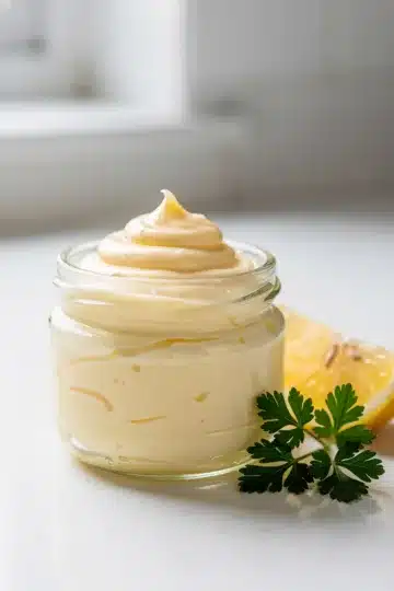 Best Homemade Mayonnaise Recipe 11 Creamy homemade mayonnaise recipe in a clear jar with lemon and herbs