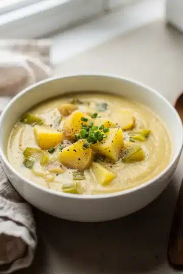Creamy Potato Leek Soup 11 Creamy potato leek soup in a white bowl with chives and cream garnish.