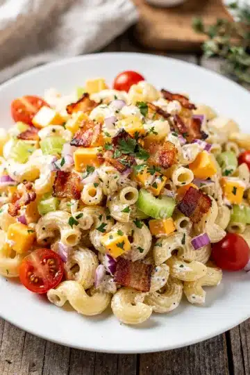 Creamy Ranch Pasta Salad 12 Creamy ranch pasta salad with bacon, cheddar, and fresh herbs in a bowl.